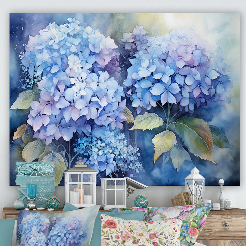 Blue Hydrangea Farmhouse Still Life I On Canvas Print, 16" H x 32" W x 1" D, Wrapped Canvas
