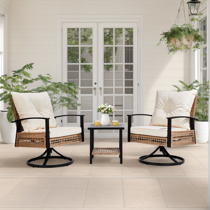 Patio 3-Piece All Weather Wicker Swivel Rocking Bistro Set With Cushions