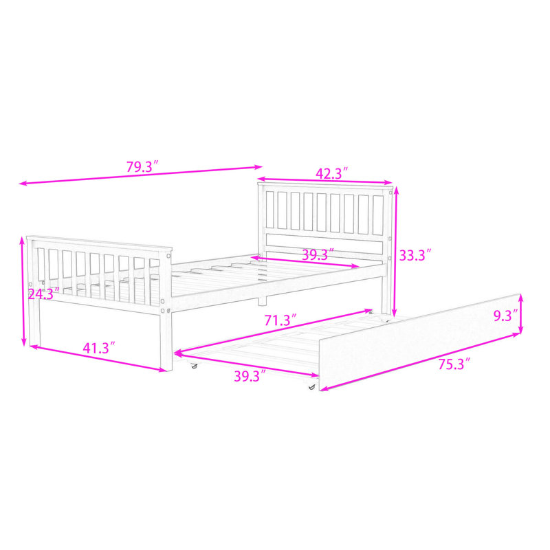 Lit plateforme simple avec lit gigogne simple, tête et pied de lit, Blanc