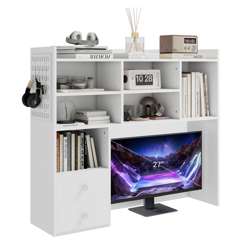 Desktop Bookshelf, Desk Shelf With 2 Drawers For Computer Desk, 36.22" 7-Tier Adjustable Desktop Hutch Organizer With Pegboard For Home Office