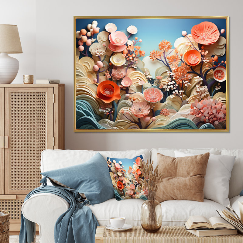 Coral Vibrant Reef, impression géométrique sur toile, H 16 po x l 32 po x P 1 po, Cadre flottant doré