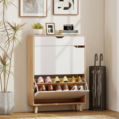 Armoire à chaussures étroite avec 2 tiroirs rabattables, noir