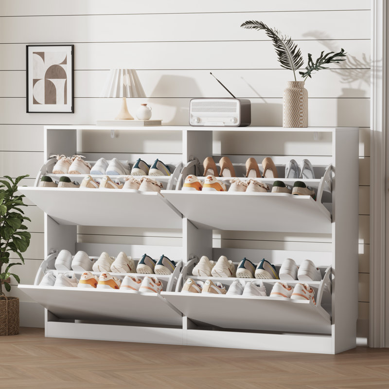 Shoe cabinet with four flip-top drawers and anti-tip design, suitable for entryway storage, Gray