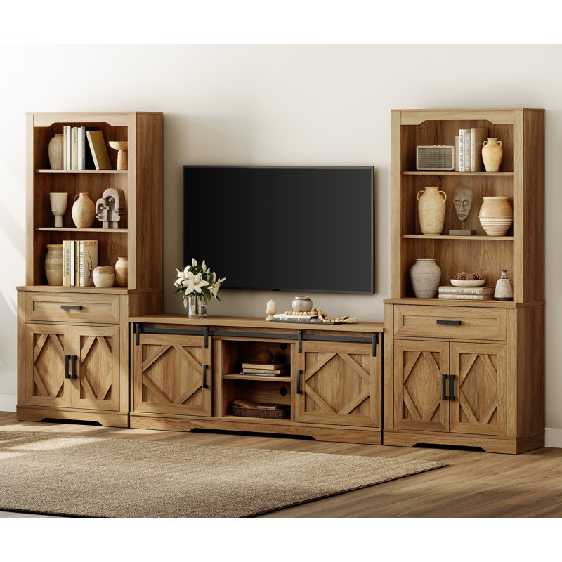 Laziza Farmhouse Entertainment Center With Bookshelf For Tvs Up To 75",Mid Century Modern TV Stand With 73"H Tall 5-Tier Bookcase With Open Storage And Barn Doors For Living Room,Bedroom,