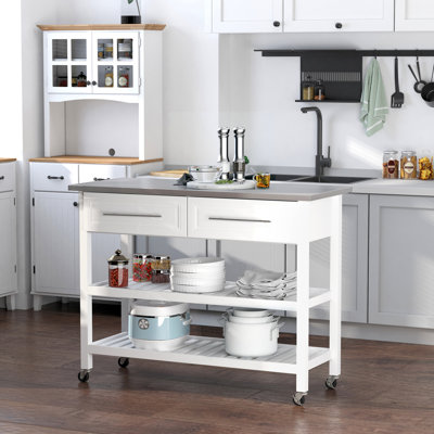 Chariot utilitaire dans la cuisine, surface de travail en acier inoxydable et aspect rustique, gris, chariot de cuisine à 3 tablettes avec tiroirs, décor de comptoir, étagère pour plus d'efficacité