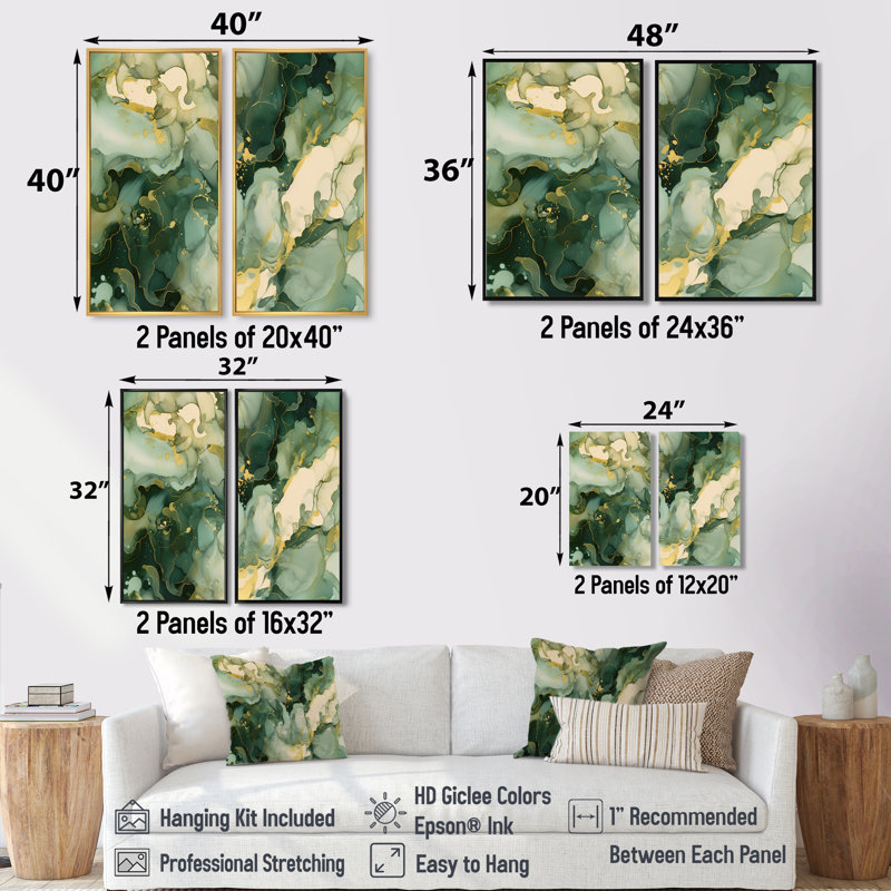 «Green Luxury Abstract Fluid Art I», art mural vert, H 40 po x l 40 po, Impression encadrée flottante sans passe-partout