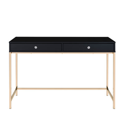 Élégant bureau noir avec surface ultrabrillante et 2 tiroirs, 31,52 po de hauteur, base rectangulaire en métal doré avec pattes, l 45 po x l 19 po.