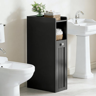 Slim Black Bathroom Organizer With Slide Out Drawer, Toilet Paper Holder