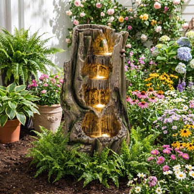 23.6'' Tree Stump Outdoor Water Fountain with LED Lights, Rustic Resin Cascading Waterfall Fountain with Quiet Pump for Patio, Garden, Porch & Backyard
