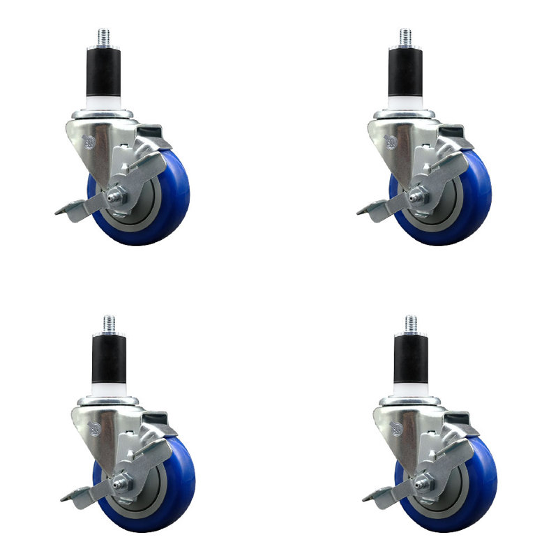 Ensemble de roulettes extensibles en poly 3,5 pouces 1-1 / 2 pouces avec frein SCC, Bleu
