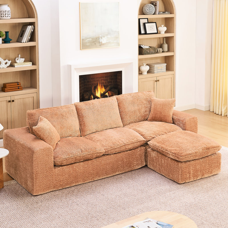 Canapé d'angle moderne en bouclette de 272 cm avec méridienne réversible pour salon, coussins moelleux effet nuage, couleur orange, dossier divisé, assise confortable, forme modulable, accoudoirs carrés, 4 places, aucun assemblage requis.