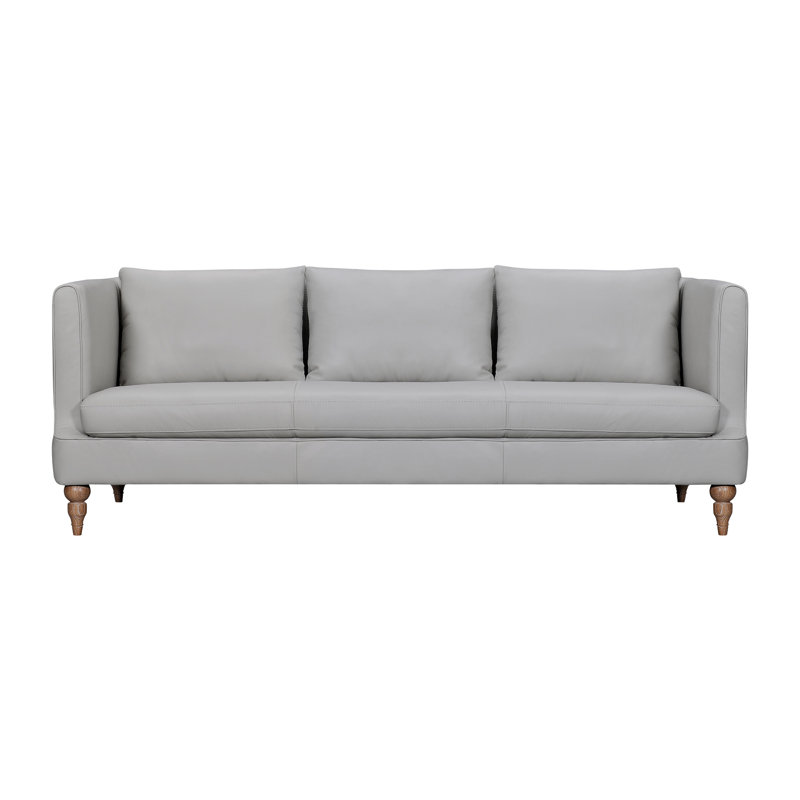  85" Gray Leather Sofa With Brown Legs
