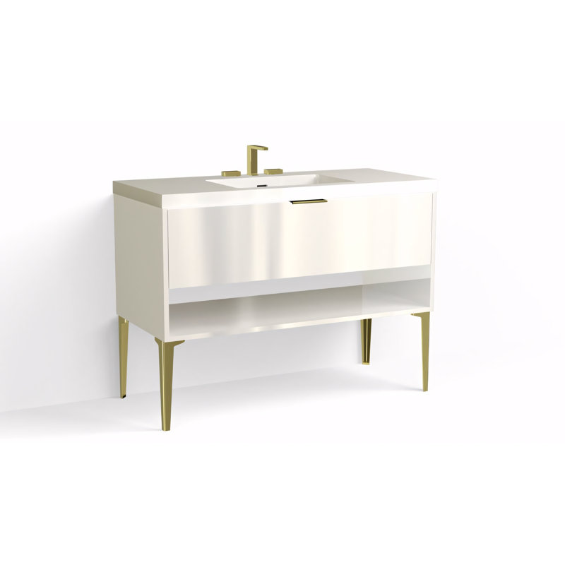 Modo 48" W Freestanding Single Bathroom Vanity with Dean Leg, White Acrylic, Satin Brass, Glossy White/8" Widespread