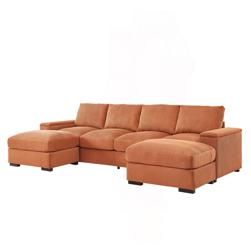 Canapé modulaire à assise profonde avec repose-pieds, Velours côtelé orange