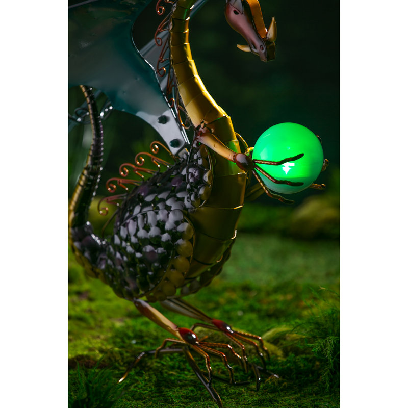 Majestic Black and Gold Metal Dragon Garden Statue with Solar Globe