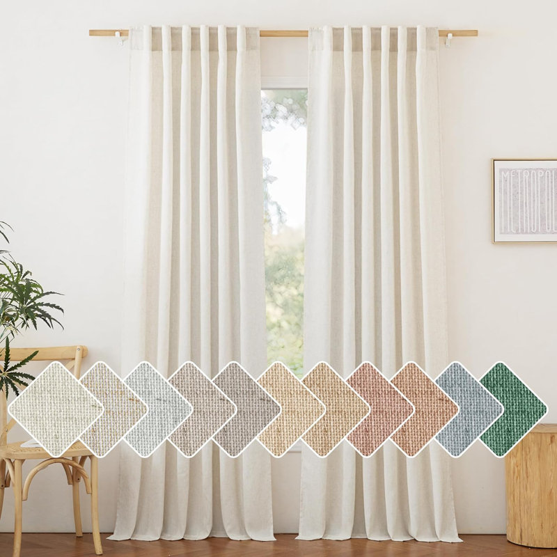 Linen Semi Sheer Privacy Curtains for Bedroom, Rustic Rod Pocket & Back Tab Light Filtering for Living Room, 2 Panels