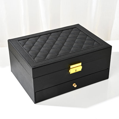 Jewelry Box - Large PU Leather Jewelry Organizer Storage Case with Two Layers Display for Earrings Bracelets Rings Watches