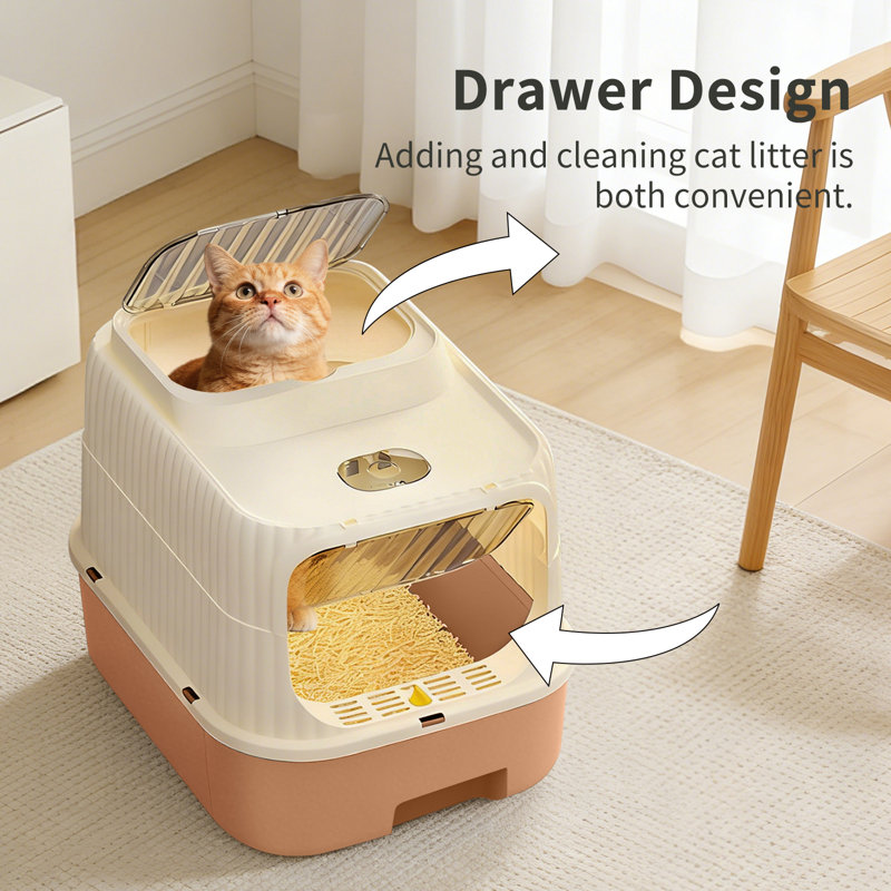 Bac à litière pour chat avec tiroir, bac à litière fermé pour chat, lapin, fuite anti-urine facile à nettoyer (orange)