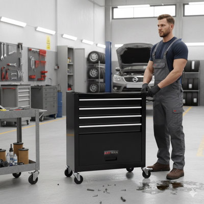 Mobile 4-Drawer Tool Box, 24.4-Inch Width, Equipped With Four Wheels And Pre-Filled With Tools; Suitable For Garage, Warehouse, Workshop, And Shop Environments - Black Finish
