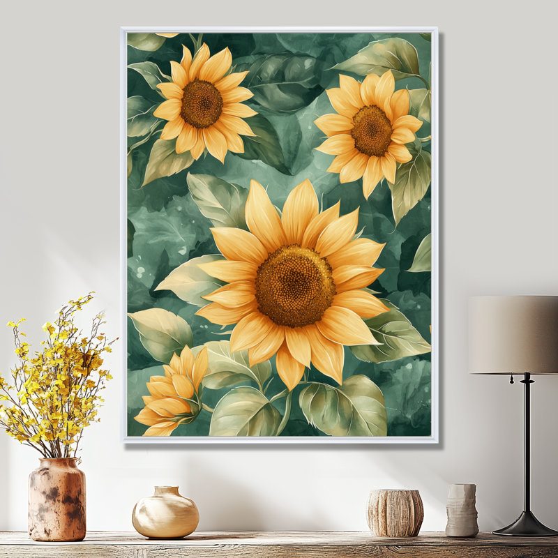 Dorianna Green Garden Abstract Sunflowers Collage I - Art mural tournesols, Impression encadrée flottante, H 32 po x l 16 po