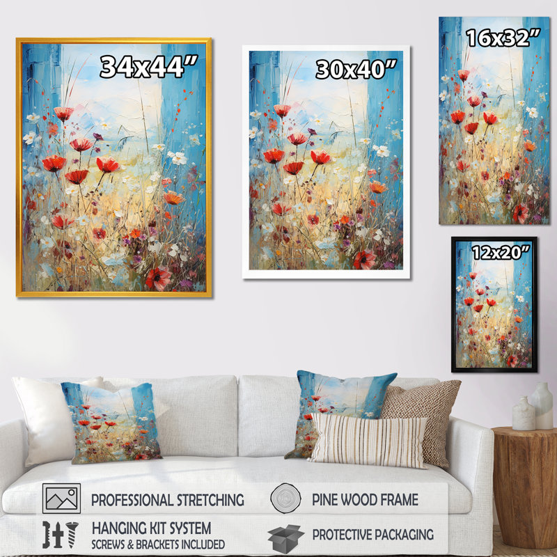 Rouge et blanc «Meadow View II», art mural prairie, H 32 po x l 24 po x P 1 po, Cadre simple argenté