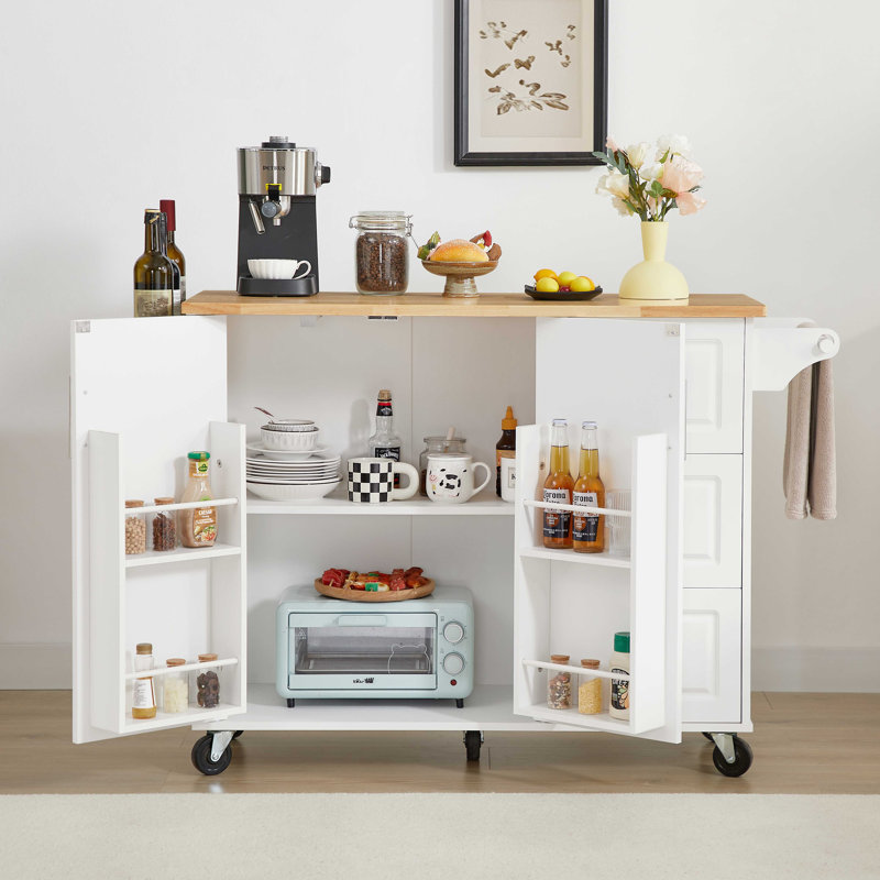 Îlot de cuisine avec comptoir à abattant, chariot d'îlot de cuisine roulant, table d'îlot de cuisine avec porte de grange avec armoire de rangement et support de tour, table d'îlot sur roulettes pour la cuisine