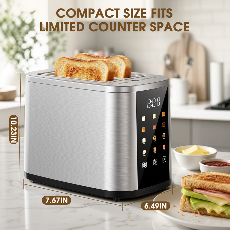 Grille-pain à écran tactile en acier inoxydable de 2 tranches de 800 watts avec largeur de 1,5 po, 5 modes de pain et 6 réglages de teinte