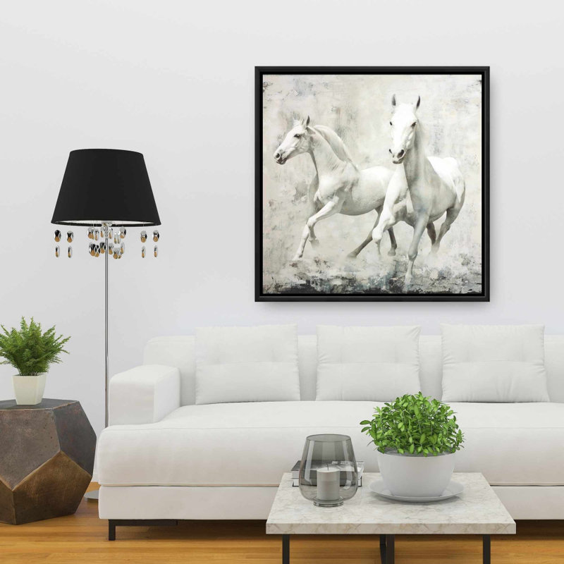 Deux chevaux blancs qui courent sur toile, H 36 po x l 36 po