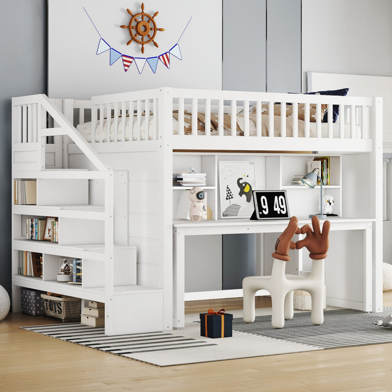 Full Solid Wood Loft Bed with Movable Desk and Shelves, Full, White