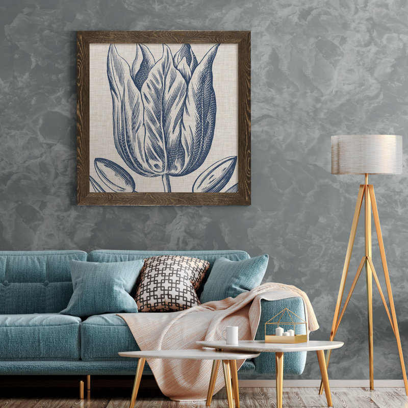 Indigo floral sur lin VI - reproduction encadrée de qualité supérieure - prêt à être accroché - impression encadrée sur papier
