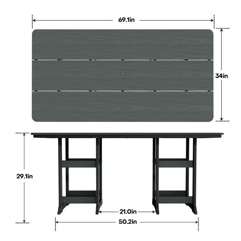 Table de salle à manger rectangulaire 6 places en HDPE, Gris
