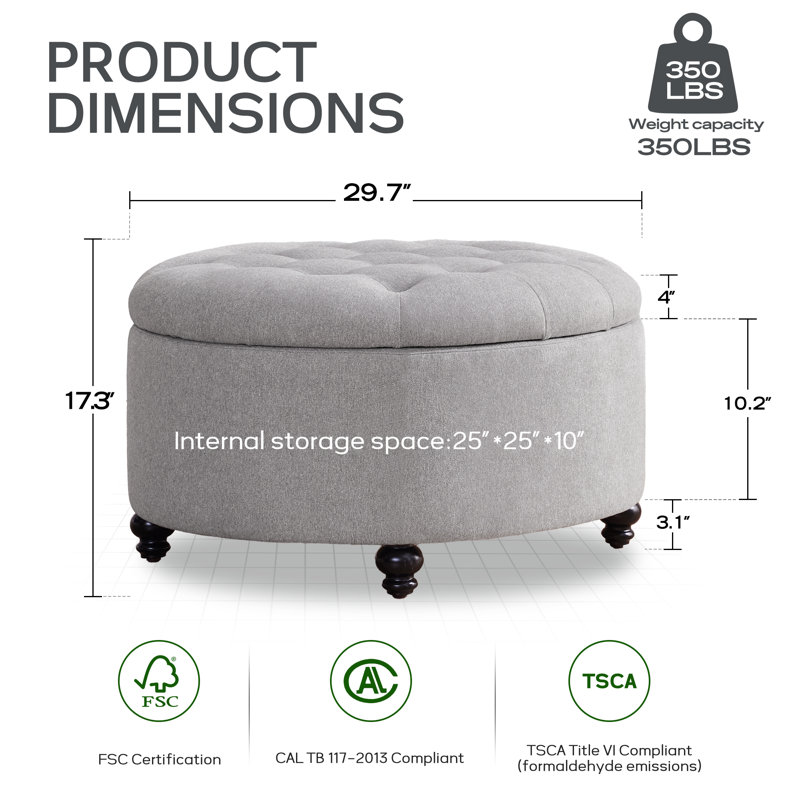 Daquasha 30" Wide Tufted Round Cocktail with Storage, Grey