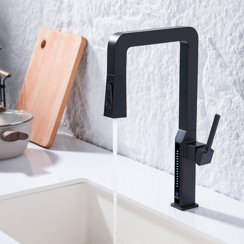 Robinet de cuisine noir mat moderne à poignée simple avec douchette extractible et affichage DEL de la température, Noir mat