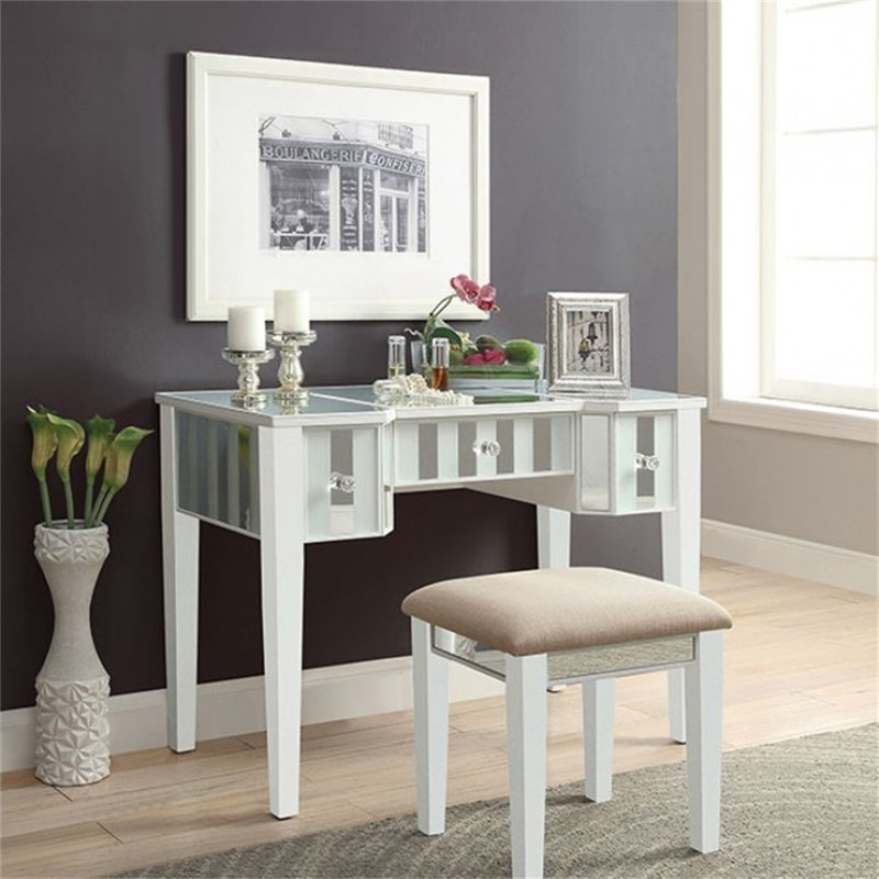 Ensemble coiffeuse avec tabouret et miroir Salyer, Blanc