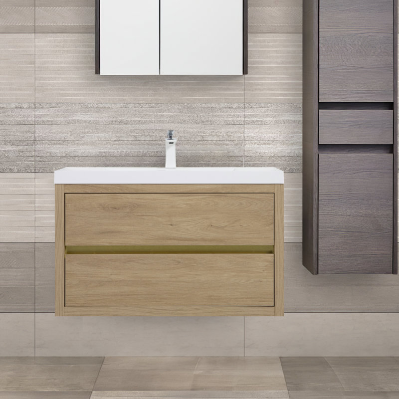 36" Wall-Mounted Bathroom Vanity, Glossy, Natural Wood