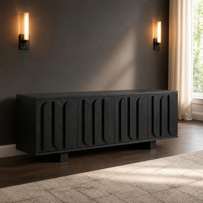 Meuble télé de style ferme pour téléviseurs jusqu'à 75 pouces, console multimédia avec étagères réglables, 3 passe-câbles, poignée décorative en bois courbé, portes à fermeture douce, pieds en bois massif