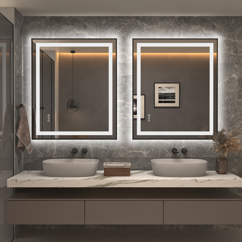 Matte Black LED Lighted Anti-Fog Tempered Glass Vanity Mirror 36" x 30"