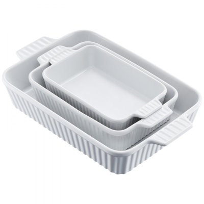 Ceramic Baking Dish 3 Pieces Rectangular Bakeware Set Deep for Baking White