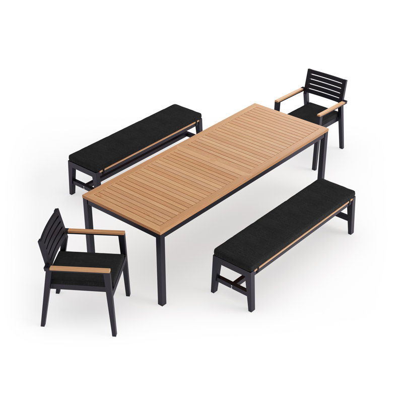 Outdoor Furniture Rhodes 5 Piece Dining Set with 96 in. Table & Bench Seating, Cast Slate Sunbrella® Plainweave