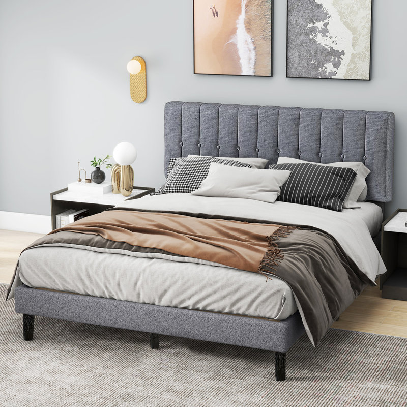 Structure de lit plateforme Jayla avec tête de lit réglable et support à lattes, aucun sommier nécessaire, Grand, Gris clair