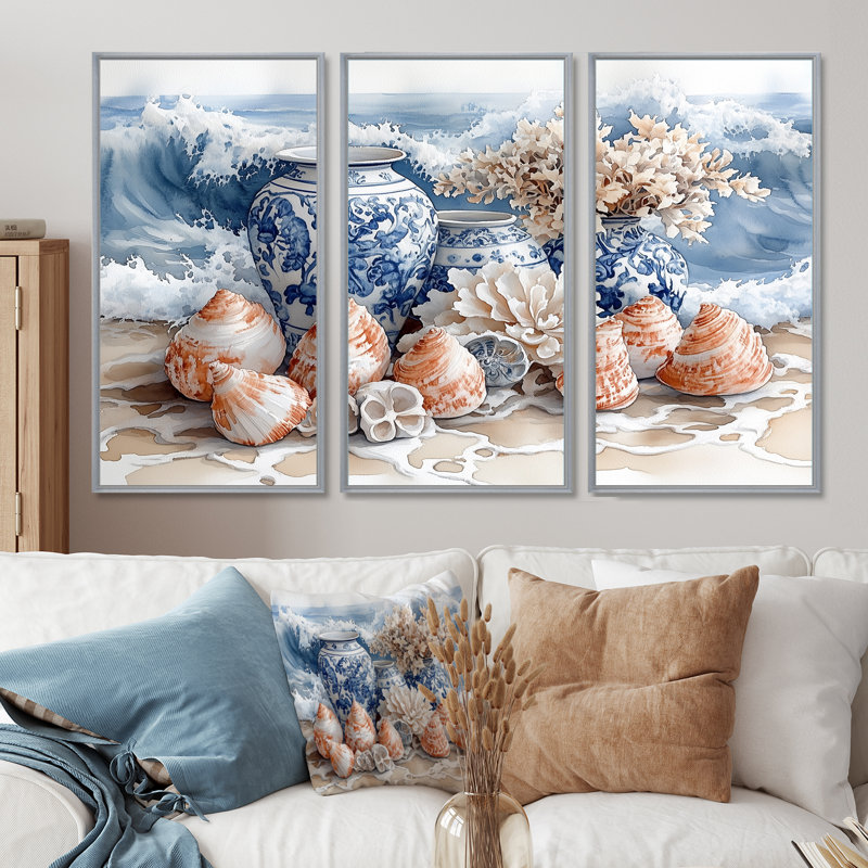 «Floral Beach Pottery» en bleu et blanc I - ensemble d'art mural de poterie de plage, Toile argentée avec cadre flottant