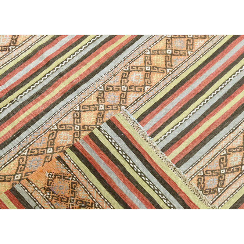 Tapis jaune / brun / rouge / noir en laine noué à la main de conception unique des années 1960 de 5 pi x 8 pi de taille 5 pi x 8 pi