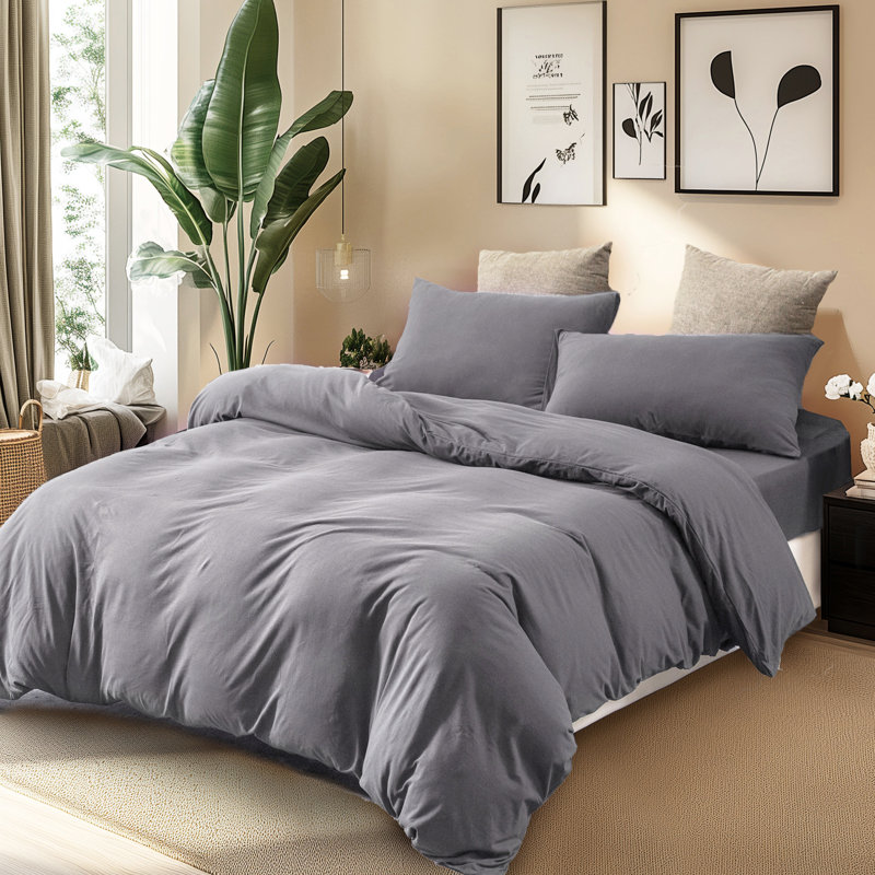 HOME BEDDING Jersey Cotton Duvet Cover Set, Queen Duvet Cover + 2 Standard Shams, Dark Gray