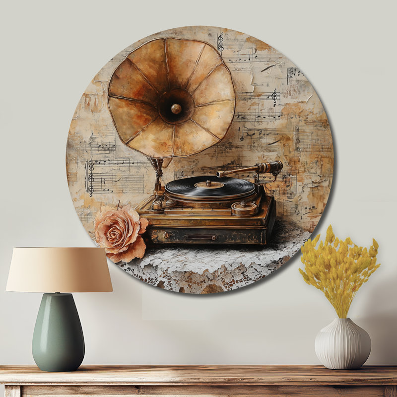 «1930» Gramophone Melody - Art mural rond en métal rétro, L 36 po x H 36 po