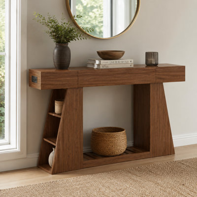 60" Farmhouse Console Table with Power Outlet, Narrow Sofa Table Behind Couch with Side Storage Cubbies & Slatted Bottom Shelf for Entryway