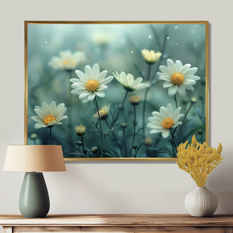 White Winter Nirvana Daisies - Daisies Wall Art, 12" H x 20" W, Gold Floater Framed