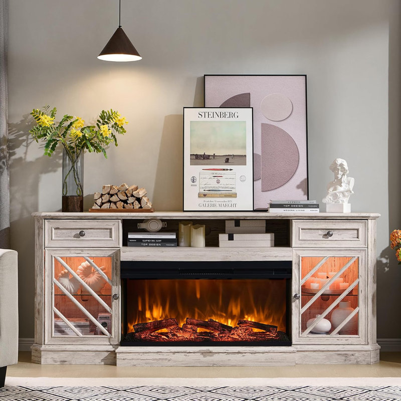 75 Inch Electric Fireplace Tv Stand For Tvs Up To 85'' With 36" Fireplace & Led Lights With Shelves & Storage