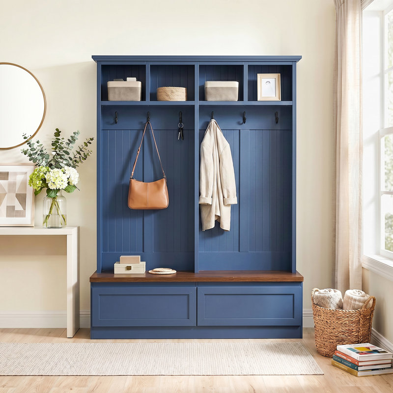 55.9”W 4-in-1 Entryway Hall Tree, Multi-Functional Mudroom Coat Rack with 2 Large Storage Drawers, 6 Aluminum Hooks, Open Top Compartments & Anti-Tipping Device, MDF & Particleboard Entryway Organizer for Hallway Living Room