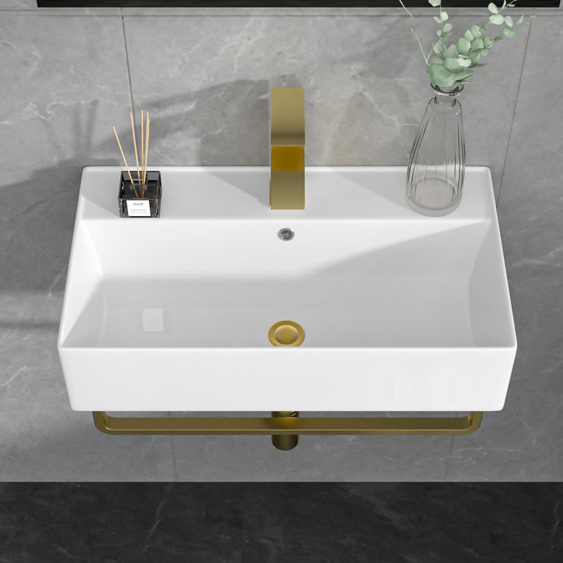 21"L x 12"W Wall Mount Bathroom Sink Ceramic Rectangular Console Bathroom vessel Sink with Basin Faucet and Bracket Base