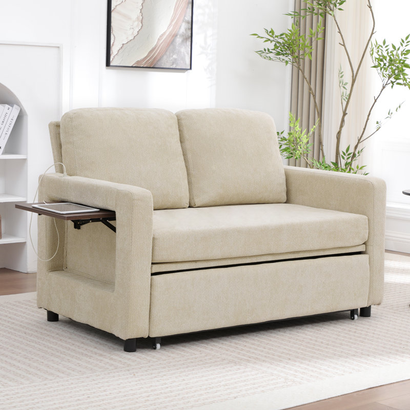Upholstered Convertible Sleeper Sofa featuring USB Ports and Side Pocket, Light Brown Linen